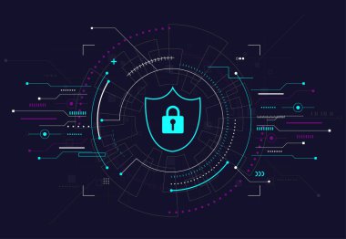 Birinci sınıf güvenlik siber dijital konsepti. Soyut teknoloji arka planı iş için sistem yeniliklerini koruyor. Vektör illüstrasyonu