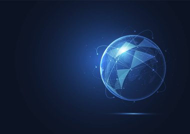 Soyut teknoloji küresel ağ bağlantısı tasarımı. İletişim hatları iş verilerini birbirine bağlıyor. Vektör İllüstrasyonu