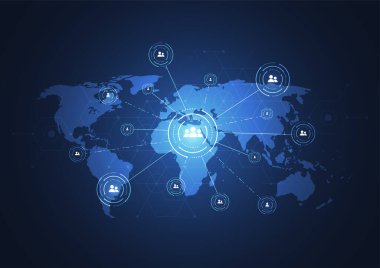 Global ağ internet bağlantısı. İnsanları birbirine bağlayan bir iş. Müşteri ilişkileri yönetimi. Vektör İllüstrasyonu