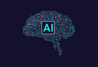 İnternet, afiş, kart, kapak için fütüristik konsept teknoloji sanatında devre kartında beyin yongası olan yapay zeka. Vektör illüstrasyonu