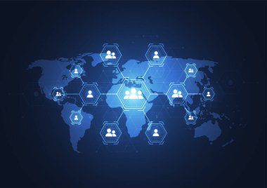 Global ağ internet bağlantısı. İnsanları birbirine bağlayan bir iş. Müşteri ilişkileri yönetimi. Vektör İllüstrasyonu