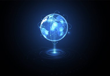 Premium güvenlik bağlantısı olan küresel ağ. Küresel iş koruma sistemi dijital konsepti. Vektör İllüstrasyonu