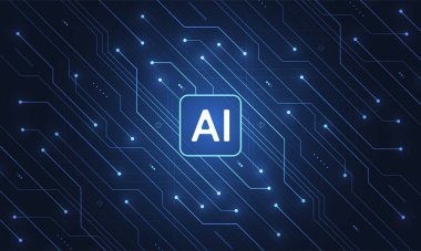 Ağ, afiş, kart ve kapak için soyut teknoloji yapay zeka yonga seti tasarımı fütüristik konsept teknolojisi. Vektör illüstrasyonu