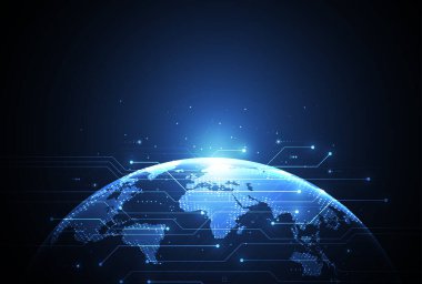 Teknoloji arka planında soyut küresel ağ bağlantısı. Küresel iş dünyasının dünya haritası ve çizgi kompozisyon kavramı