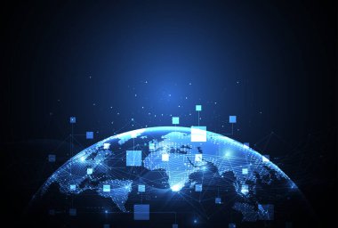 Teknoloji arka planında soyut küresel engelleme ağı bağlantısı. Büyük iş tasarımı verileri. Vektör illüstrasyonu