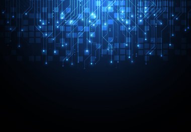 Teknoloji devre kartı dokusuyla soyut bir arkaplan. Yapay zeka elektronik levhası. İletişim ve mühendislik konsepti. Vektör illüstrasyonu