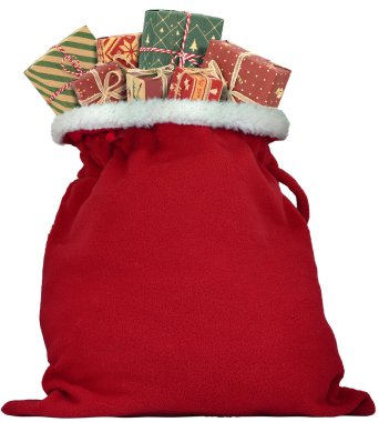 Noel Baba çuvalı hediye dolu Noel zamanı beyazlar içinde izole edilmiş. 