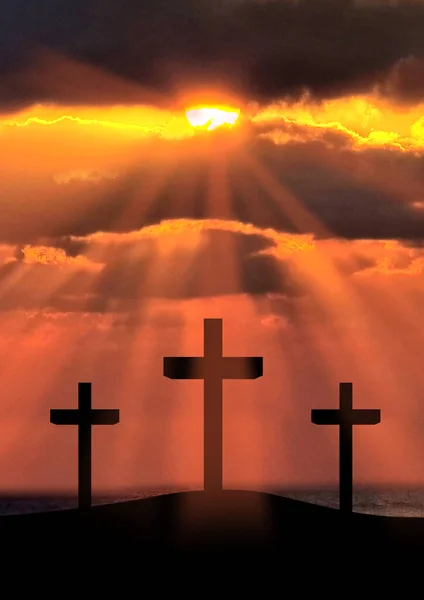 Silhouette of Jesus Christ crucifixion on cross on Good Friday Easter over heaven sunset sunrise -Three Crosses On Hill vertical