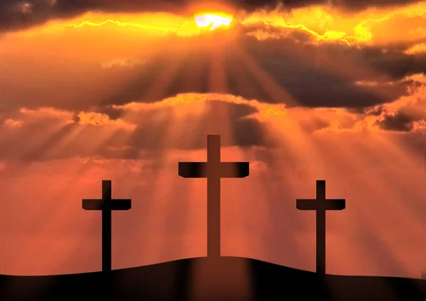Silhouette of Jesus Christ crucifixion on cross on Good Friday Easter over heaven sunset sunrise -Three Crosses On Hill landscape horizontal