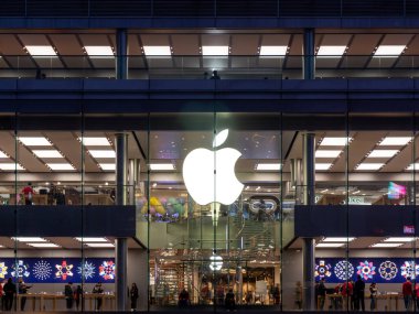 Night scenic view at Hong Kong Apple Store inside IFC shopping mall