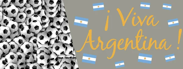 Long live Argentina  written in Spanish in yellow font with a lot of flags of Argentina and soccer balls on a grey background - 
