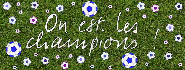 We are the champions written in French in white font on a lawn background with a lot of soccer balls - \
