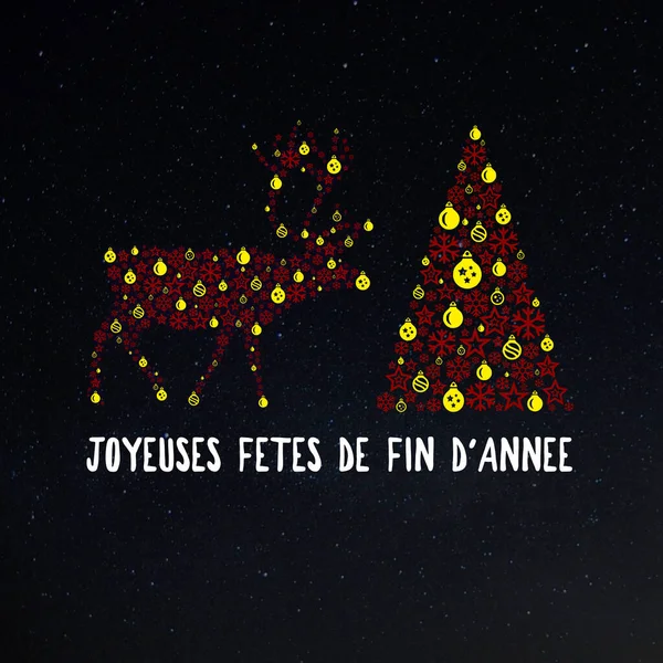 Square wish card written in French with a Christmas tree and a reindeer with stars and Christmas\' balls on a starry night background -\