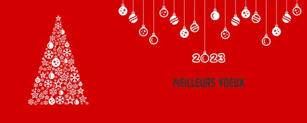 Wish card 2023 written in French with Christmas\' balls and a white Christmas tree with stars and Christmas\' balls on a red background - \