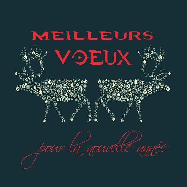 Square wish card written in French in red font with 2 gold reindeers with stars and Christmas\' balls on a green background - \