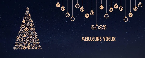 Wish card 2023 written in French with golden Christmas\' balls and Christmas tree with stars and Christmas\' balls on a starry night background - \
