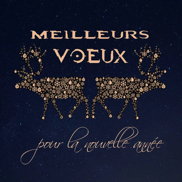 Square wish card written in French in golden font with 2 gold reindeers with stars and Christmas' balls on a starry blue background - 