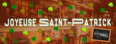 St. Patrick Günü 'nüz kutlu olsun 17 Mart beyaz yazı tipi Fransızca yazılmış yeşil yoncalar ve Kelt bar arka planında biralar olan bir yazı tahtası