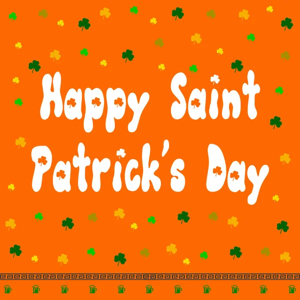 Happy St. Patrick\'s Day written in english in white calligraphy font with a lot of green clovers, celtic frieze and beers on orange background