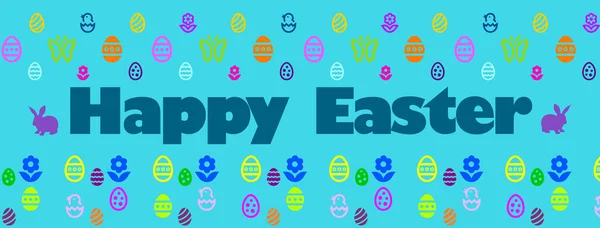 Boldog Húsvétot Angol Nyelven Többszínű Szimbólumokkal Tojás Virág Csirke Nyuszi — Stock Fotó