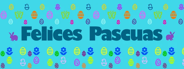 Boldog Húsvétot Spanyolul Írt Többszínű Szimbólumokkal Tojás Virágok Csibék Nyulak — Stock Fotó