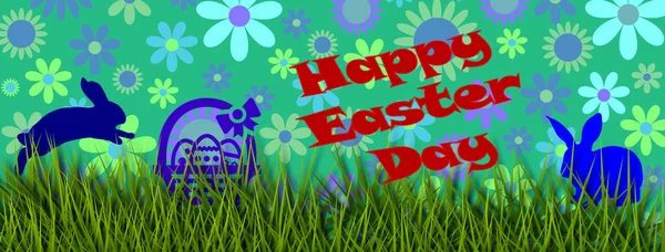 Happy Easter Day written in english in red with 2 blue rabbits, a violet basket of eggs on a background of flowers with grass