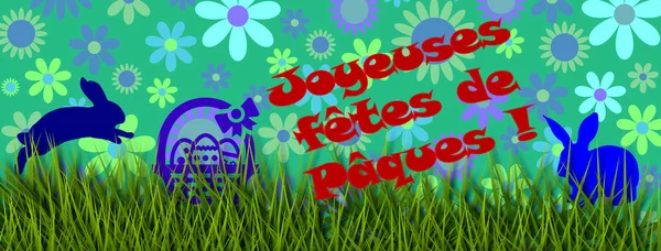 Happy Easter Day Scris Franceză Roșu Iepuri Albaștri Coș Violet — Fotografie, imagine de stoc