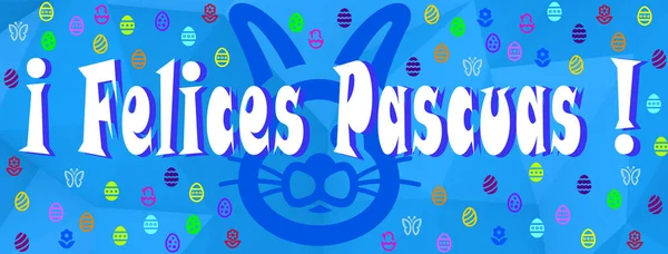 Boldog Húsvétot Spanyolul Írva Egy Nagy Nyúl Fejével Sokszínű Szimbólumokkal — Stock Fotó