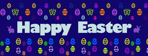 Kellemes Húsvétot Angol Nyelven Többszínű Szimbólumokkal Tojás Virág Csirke Nyuszi — Stock Fotó