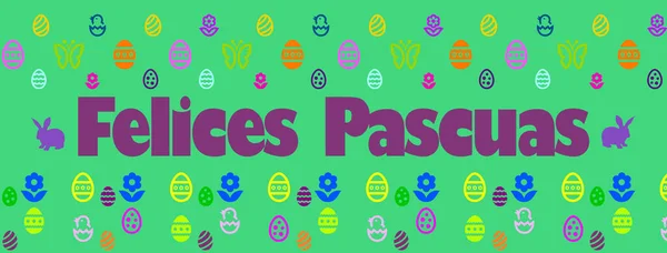 Feliz Pascua Escrita Español Con Símbolos Multicolores Huevos Flores Polluelos — Foto de Stock