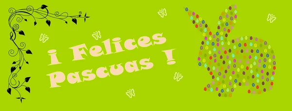 Feliz Pascua Escrita Español Con Conejito Huevos Multicolores Flores Mariposas — Foto de Stock