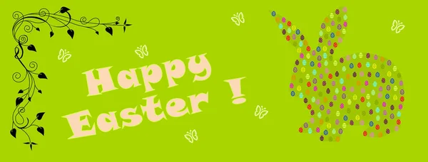 Boldog Húsvétot Írt Angol Nyelven Egy Nyuszi Többszínű Tojás Virágok — Stock Fotó