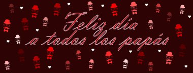 Bir sürü kırmızı ve beyaz sembollü (adamın yüzü ve kalbi) İspanyolca Babalar Günü için siyah kart ve mesaj: 