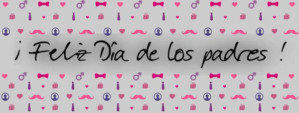スペイン語で 幸せな父の日 と書かれたピンク ムーブ パープルのシンボル ハート 口ひげ ネクタイ 蝶ネクタイ ギフトパック — ストック写真