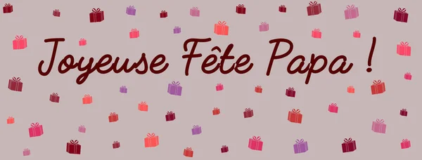 Szürke Kártya Apák Napjára Franciául Sok Rózsaszín Piros Lila Ajándékcsomaggal — Stock Fotó