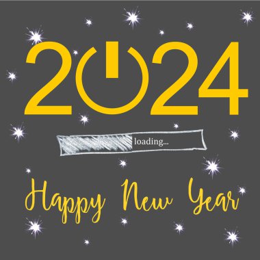 Yeni yıl 2024 Kare tebrik kartı İngilizce yazıldı. Sarı arka planda bir sürü yıldız var.