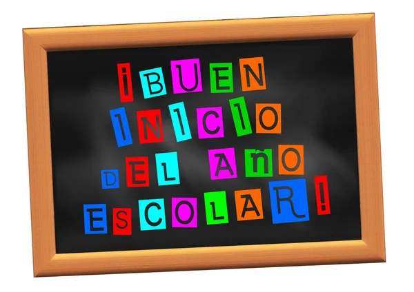 新学年快乐的开始 用西班牙语在黑人学校的石板上用各种颜色书写 — 图库照片