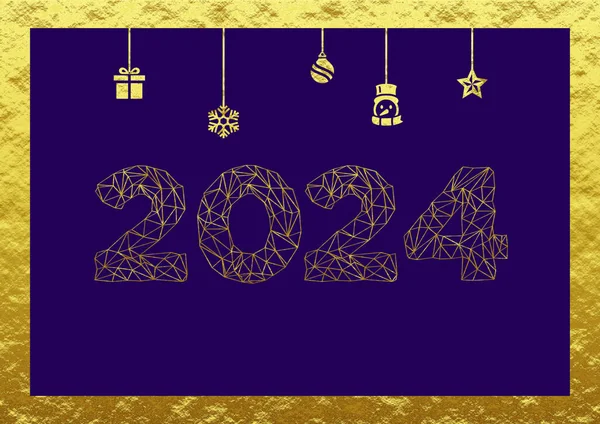 Golden wish card new year 2024 written with geometric font with hanging golden gift, ball, snowman, star and snowflake on a gold and purple background