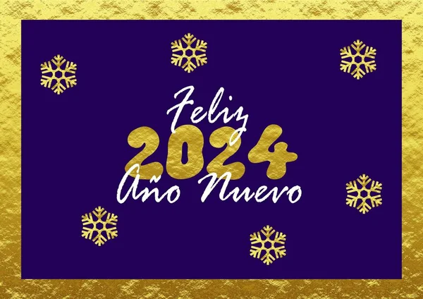 Golden wish card new year 2024 written in Spanish in white and golden font with golden snowflakes on a gold and purple background