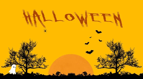 Yellow Halloween Card Symmetrical Trees Bats Ghost Spider Orange Moon — Stock Photo, Image