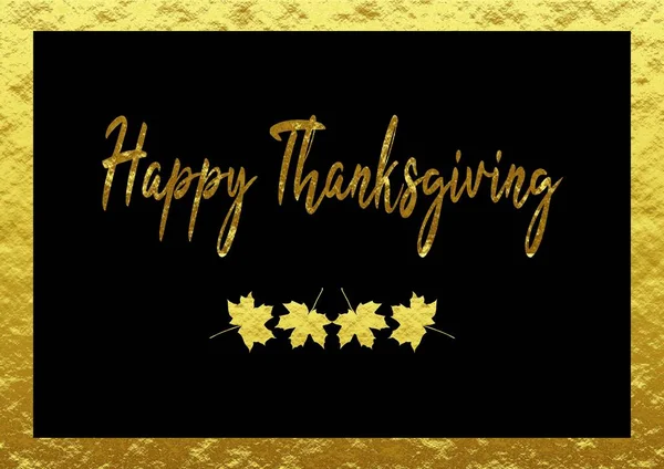 Greeting card Happy ThanksGiving in english black and gold with 4 maple leaves