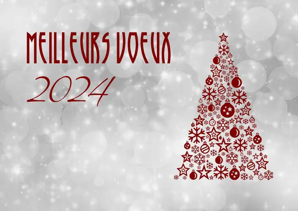 Ezüst Piros Üdvözlőlap 2024 Írt Francia Egy Karácsonyfa Golyók Hópelyhek Jogdíjmentes Stock Képek