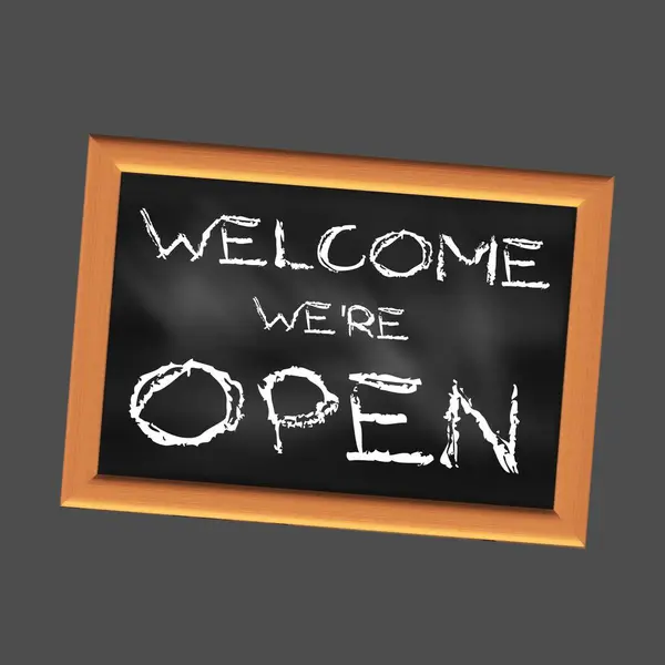 Square illustration written in English Welcome We\'re Open on a black slate with a grey background