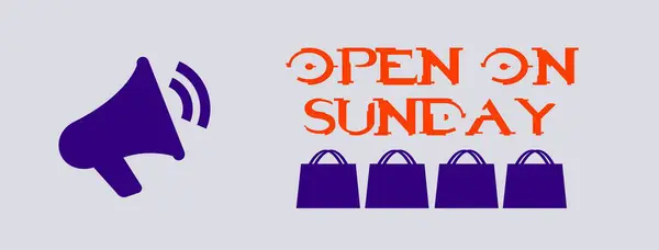 Illustration written in English Open on Sunday in orange font with purple speaker and shopping bag on a grey background