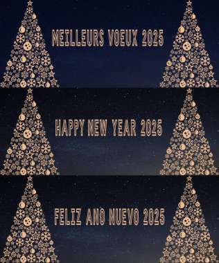 3 Dilek Kartı 2025 Fransızca, İngilizce, İspanyolca altın fontla yazılmış. Mavi arka planda iki altın Noel ağacı ve Noel topu var.