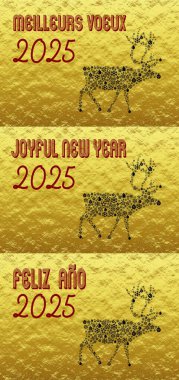 3 Golden wish cards new year 2025 written in English, French, Spanish in red font with a black reindeer with balls and stars clipart