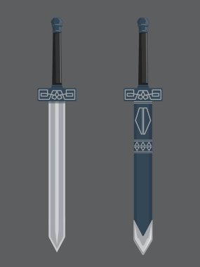 Şövalye kılıcı izole. Oyun için çizgi film kılıcı. Kılıç kılıfında. Vektör illüstrasyonu