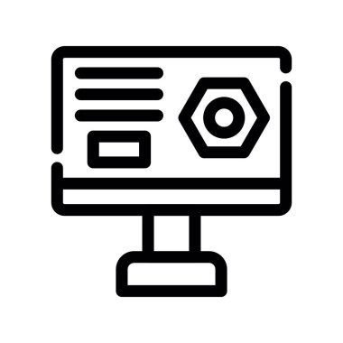 Büyüteç ikonlu bilgisayar monitörü. İnce çizgi tasarımı. vektör illüstrasyonu.