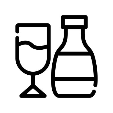 Şarap şişesi ve cam vektör taslak ikonu. İnce çizgi tasarımı çizimi. izole edilmiş kontur sembolü vektör ana hatları çizimi.