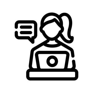 Dizüstü bilgisayarı ve konuşma balonu çizimi olan kız öğrenci